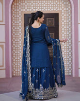 Women's Blue Georgette Embroidered Straight Kurta Lehenga With Dupatta-MFF-30-BLUE